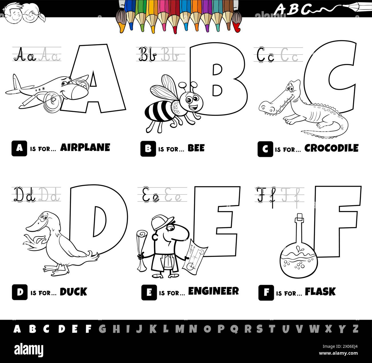 Dessin animé noir et blanc représentant des lettres majuscules de l'alphabet kit éducatif pour la pratique de la lecture et de l'écriture pour les enfants de Couleur a à F Illustration de Vecteur
