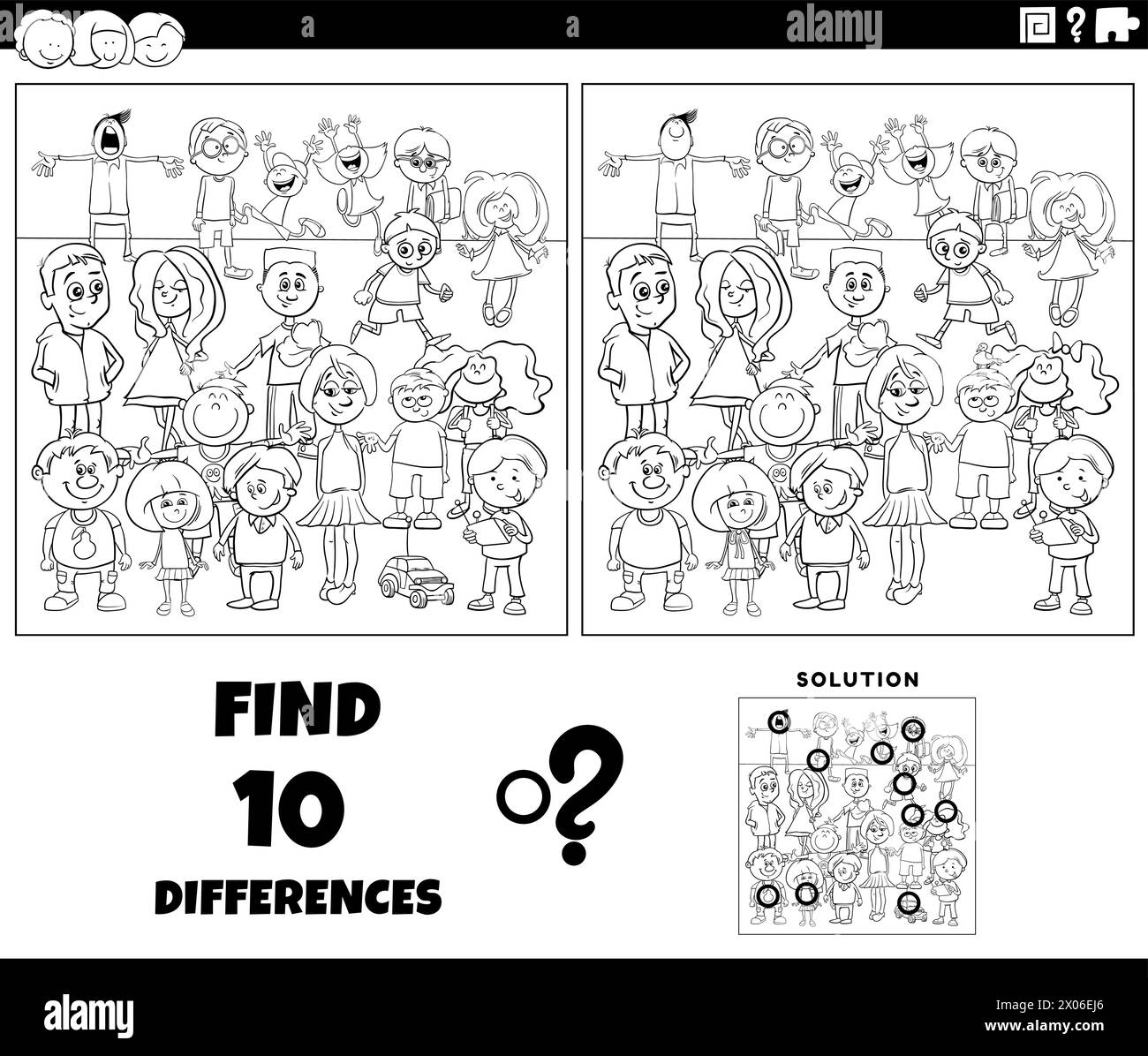 Illustration de dessin animé de trouver les différences entre les images activité éducative avec les enfants personnages coloriage page Illustration de Vecteur