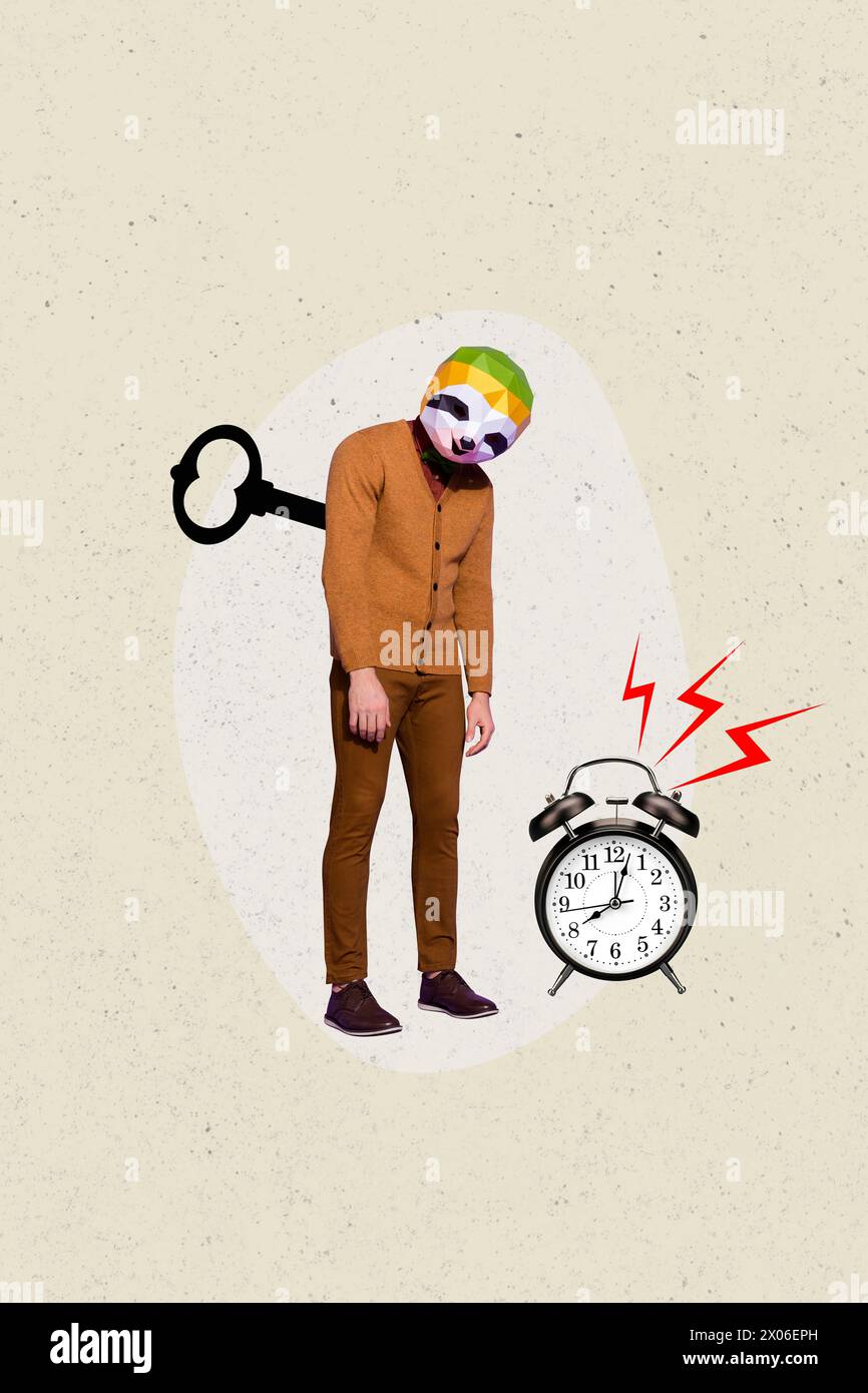 Collage vertical image jeune debout sans tête homme paresseux tête visage réveil anneau manquer délai paresseux oversdorep travail anxieux apathie Banque D'Images