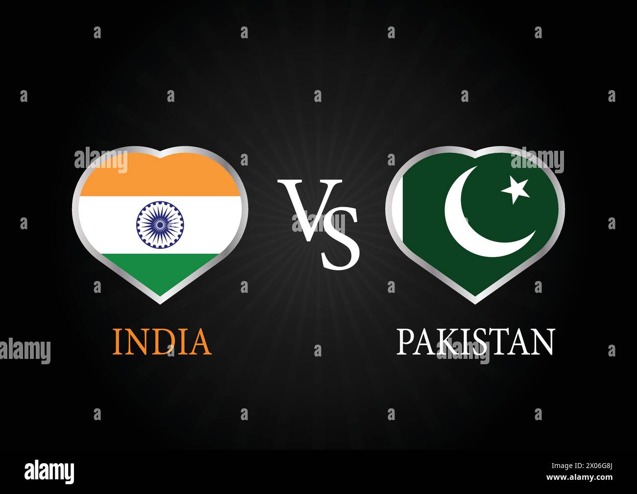 Inde VS Pakistan, concept de match de cricket avec illustration créative du drapeau des pays participants Batsman et Hearts isolés sur fond noir. Illustration de Vecteur