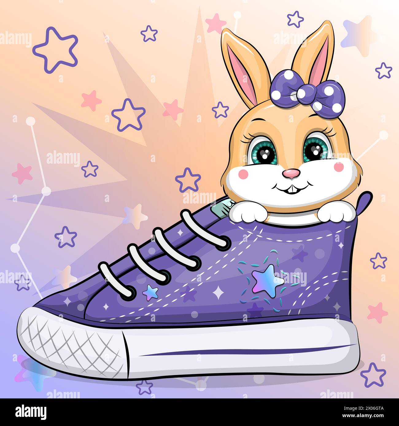 Un lapin de dessin animé mignon avec une sneaker. Illustration vectorielle d'un animal sur un fond coloré avec des étoiles. Illustration de Vecteur