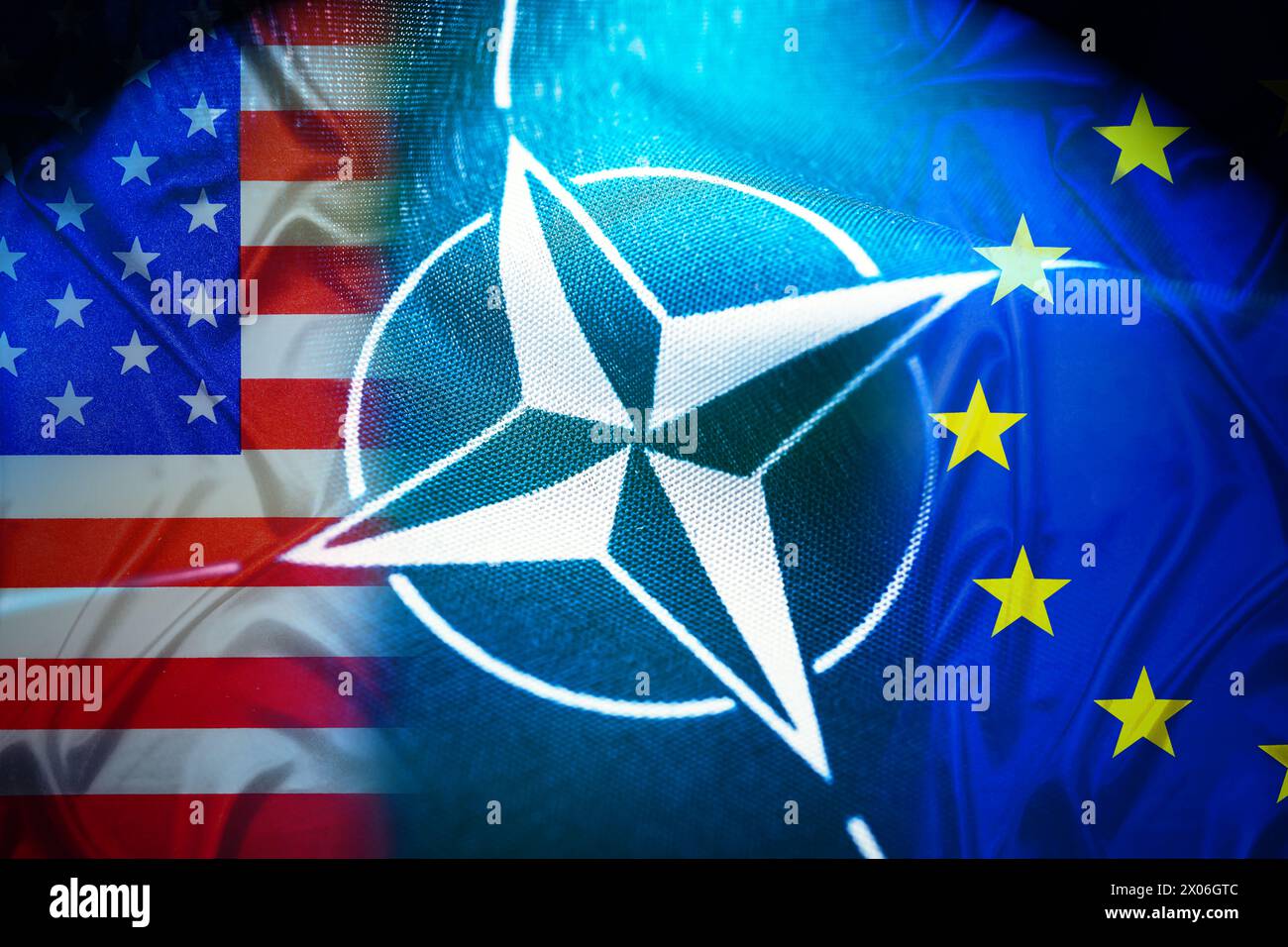 Drapeau de l'OTAN et drapeaux des États-Unis et de l'Europe Banque D'Images