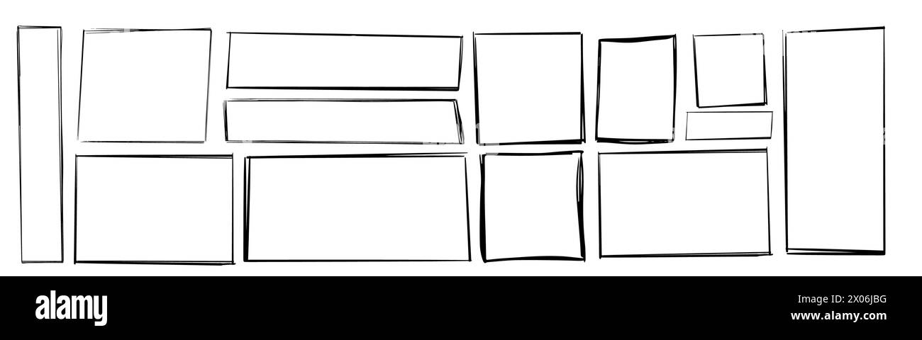 Cadre de cadre rectangle, bordure grunge de bord, zone de texte texturée isolée sur fond blanc. Trait décoratif dessiné à la main, icône de croquis vintage. Illustration vectorielle Illustration de Vecteur