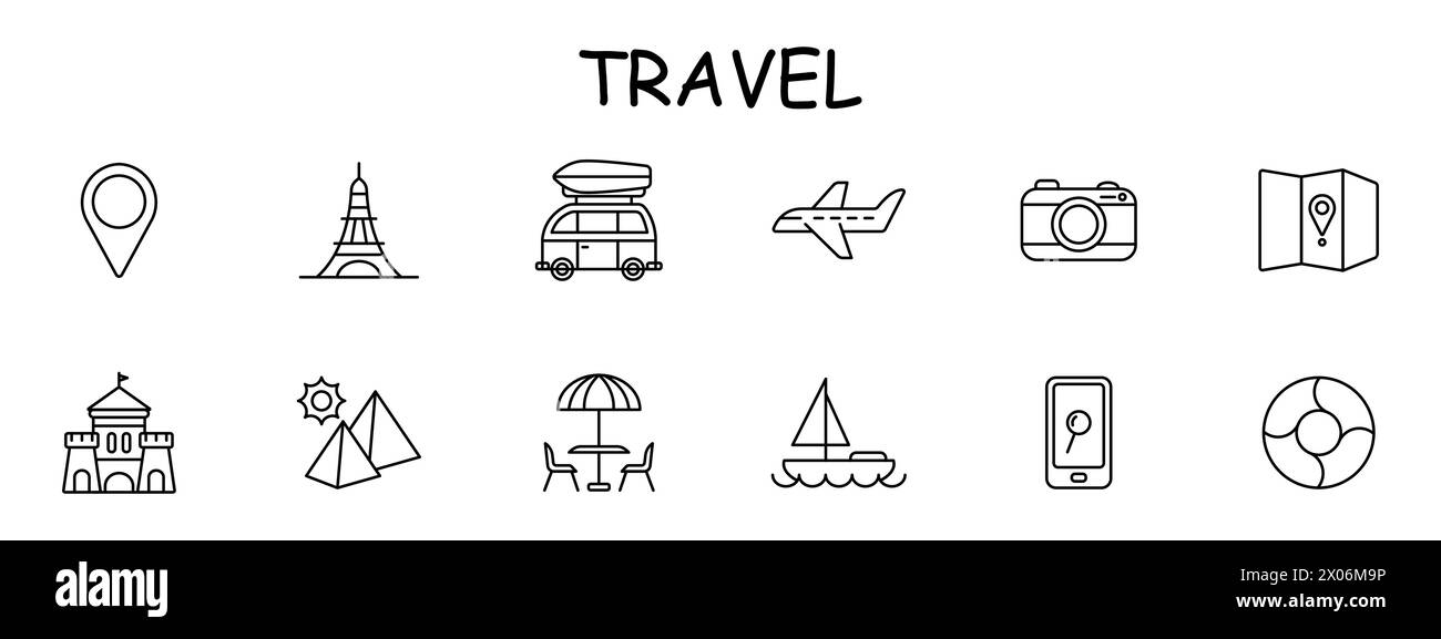 Icône ensemble voyage. Curiosités, géolocalisation, château, pyramides, soleil, tourisme, Tour Eiffel, carte, localisation, culture, yacht, avion, caméra, recherche, téléphone, voiture, Illustration de Vecteur