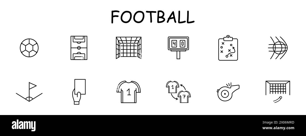 Icône de set de football. Balle, T-shirt. forme, champ, carte, punition, sifflet, tableau de bord, plan, substitution de joueur, objectif, net, coin, but de football. Cul Illustration de Vecteur