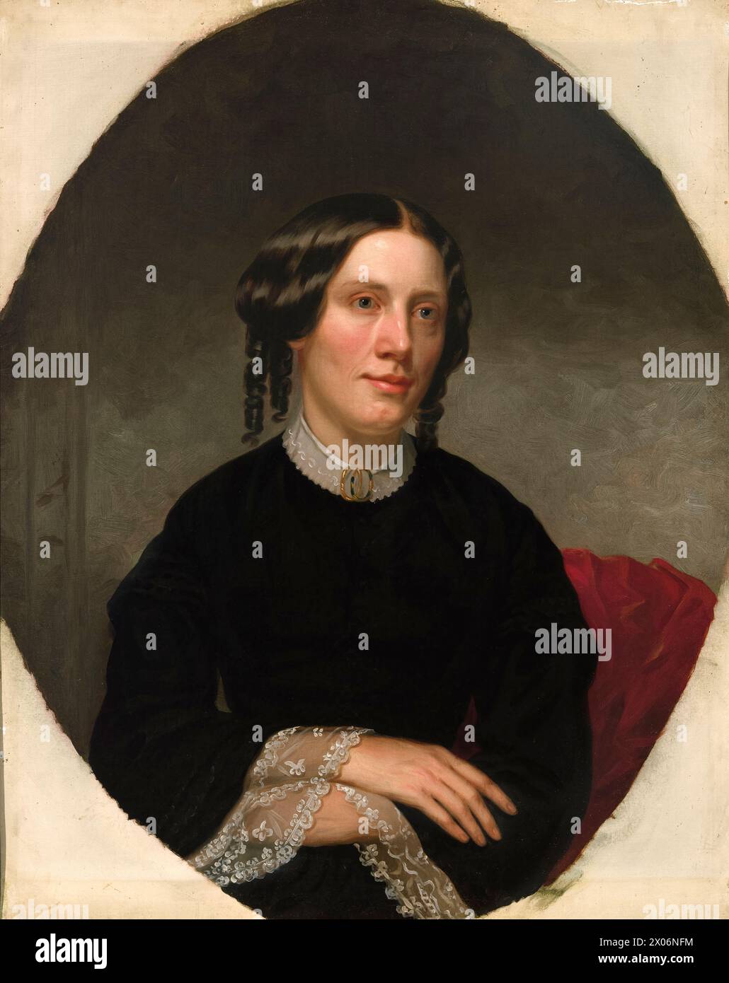 Portrait de Harriet Beecher Stowe (1811-1896) par l'artiste américain Alanson Fisher (1807-1884) peint en 1853. Ce portrait a été commandé un an après la publication du roman à succès de Stowe 'la case de l'oncle Tom' qui a fait beaucoup pour faire progresser la cause abolitionniste dans les années 1850 Banque D'Images