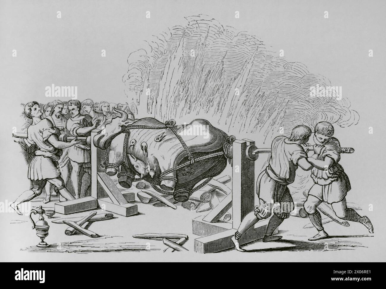 Distribution gratuite de pain, de viande et de vin à la population. Rôtir un bœuf. Procession de Charles V et du pape Clément VII après le couronnement de Charles en tant qu'empereur romain germanique à Bologne, 1530. Gravure d'après 'entrée solennelle de Charles-Quint et du Pape Clément VII, une Bologne'. « Moeurs, usages et costumes au moyen-âge et à l'époque de la Renaissance », de Paul Lacroix. Paris, 1878. Banque D'Images