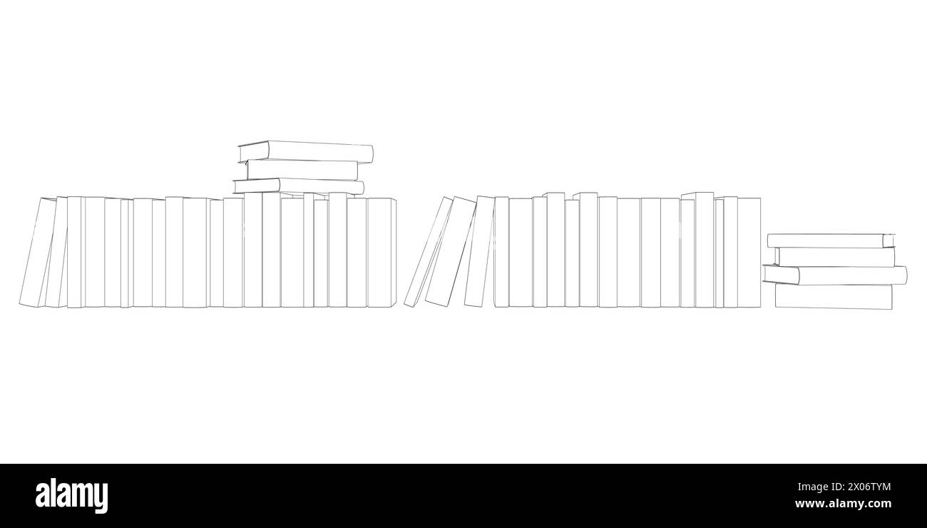 Aperçu de nombreux livres debout dans une rangée. Conception minimaliste d'illustration vectorielle de pile de livres sur fond blanc. Ligne simple isolée graphique moderne St Illustration de Vecteur