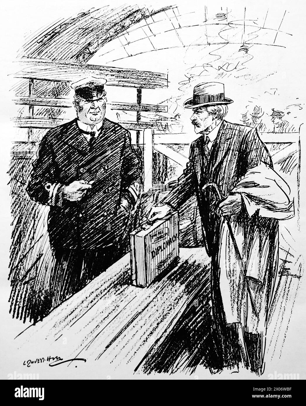 New Diplomatic Customs par Leonard Raven Hill, 16 juillet 1924. John Bull et le premier ministre du Parti travailliste Ramsay Macdonald. Photographie tirée d'un dessin au trait imprimé à l'origine dans le périodique Punch and London Charivari en 1924. C’est un bon exemple des artistes habiles et de l’humour et de la satire de l’époque. Banque D'Images
