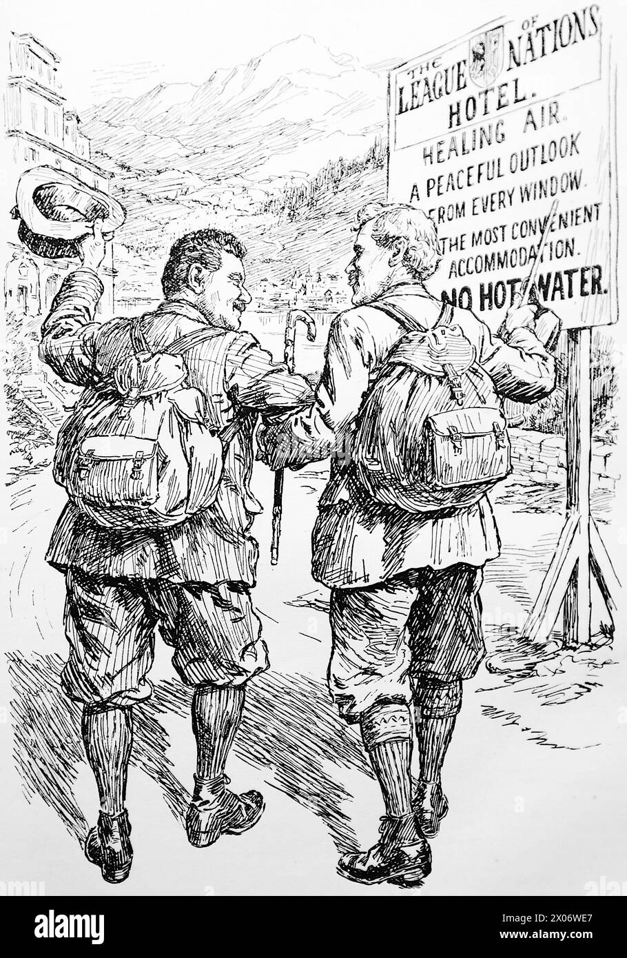 Un changement complet, non attribué, 27 août 1924, faisant référence à Ramsay Macdonald et M. Herriot assistant à une réunion de la Société des Nations à Genève, la première fois que les premiers ministres de Grande-Bretagne et de France assistaient tous deux à une telle réunion. Photographie tirée d'un dessin au trait imprimé à l'origine dans le périodique Punch and London Charivari en 1924. C’est un bon exemple des artistes habiles et de l’humour et de la satire de l’époque. Banque D'Images