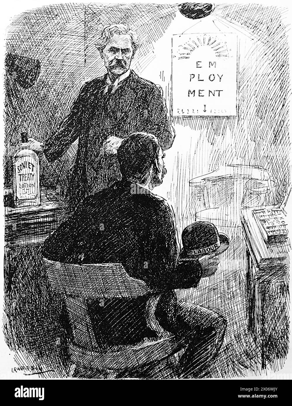 Eye-Wash de Leonard Raven Hill, 1er octobre 1924, faisant référence aux différends en cours sur les traités en cours de négociation avec l'Union soviétique et montrant Ramsay Macdonald comme le premier oculiste. Photographie tirée d'un dessin au trait imprimé à l'origine dans le périodique Punch and London Charivari en 1924. C’est un bon exemple des artistes habiles et de l’humour et de la satire de l’époque. Banque D'Images
