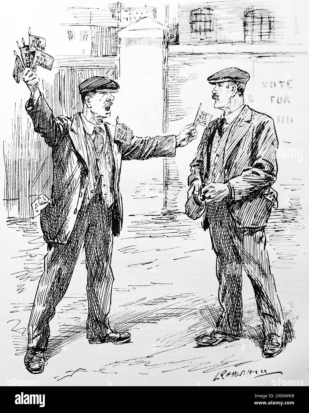 Two of a Class de Leonard Raven Hill, 22 octobre 1924, faisant référence aux différences entre communistes britanniques et socialistes. Photographie tirée d'un dessin au trait imprimé à l'origine dans le périodique Punch and London Charivari en 1924. C’est un bon exemple des artistes habiles et de l’humour et de la satire de l’époque. Banque D'Images
