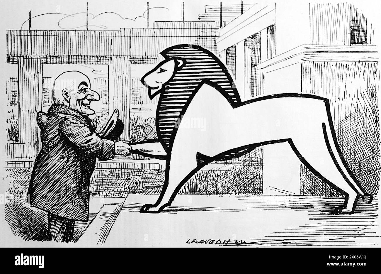 An Imperial Preference de Leonard Raven Hill, 5 novembre 1924, montrant Mr Punch secouant la patte du Lion de Wembley. Photographie tirée d'un dessin au trait imprimé à l'origine dans le périodique Punch and London Charivari en 1924. C’est un bon exemple des artistes habiles et de l’humour et de la satire de l’époque. Banque D'Images