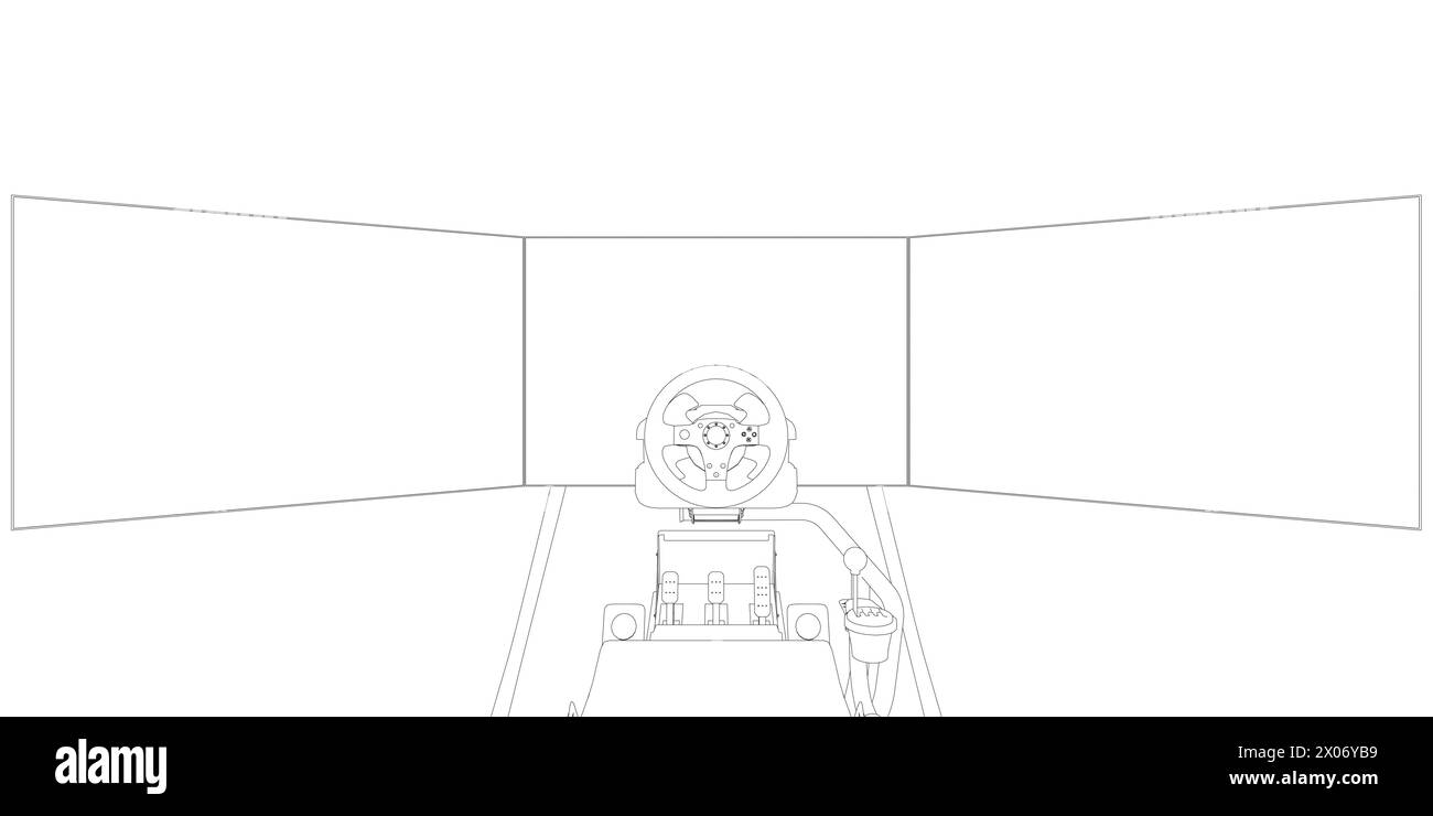 Technologie de roue électronique pour jeu d'ordinateur, illustration vectorielle. Contour de simulateur de jeu de course. Apprenez à conduire avec la roue de jeu. Auto-école, s Illustration de Vecteur