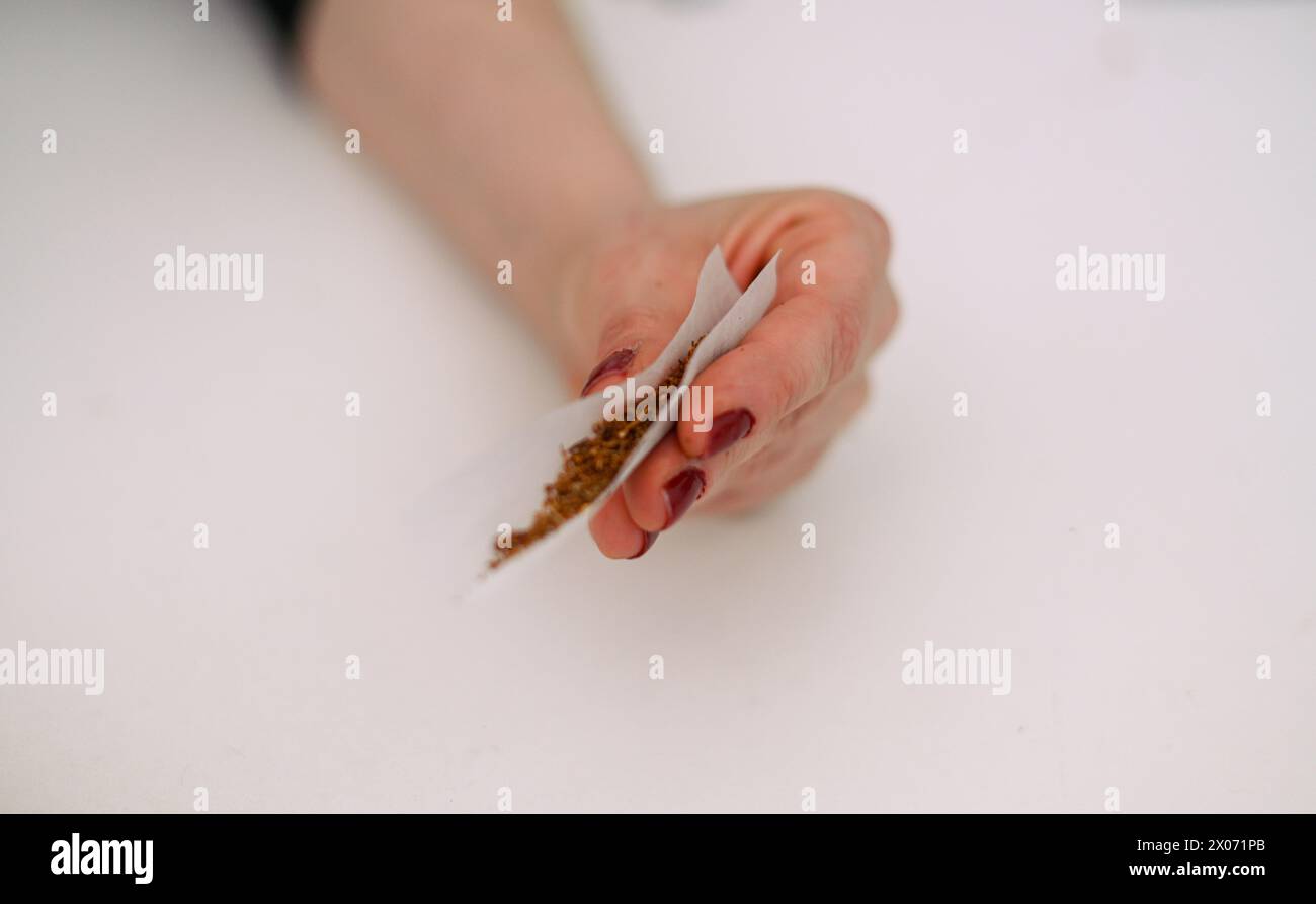 jeune adulte féminin méconnaissable préparer le joint de cigarette de tabac de haschisch de fumée avec filtre à la maison sur la table blanche pour la santé personnelle détendez-nous Banque D'Images