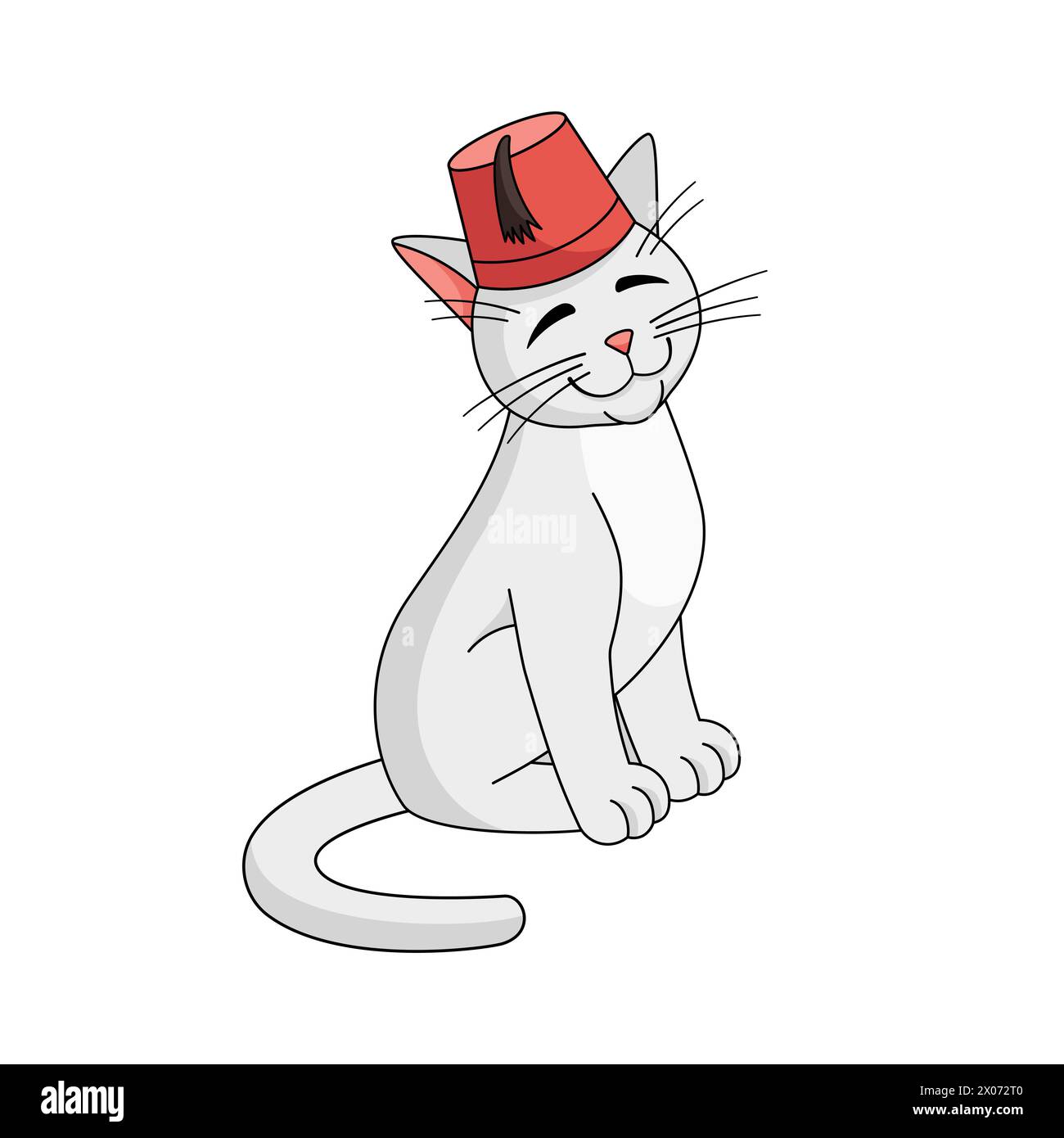 Personnage de chat angora turc avec tasse de thé turque. Illustration vectorielle isolée sur fond blanc. Cat in a fès aime le thé. Illustration de Vecteur