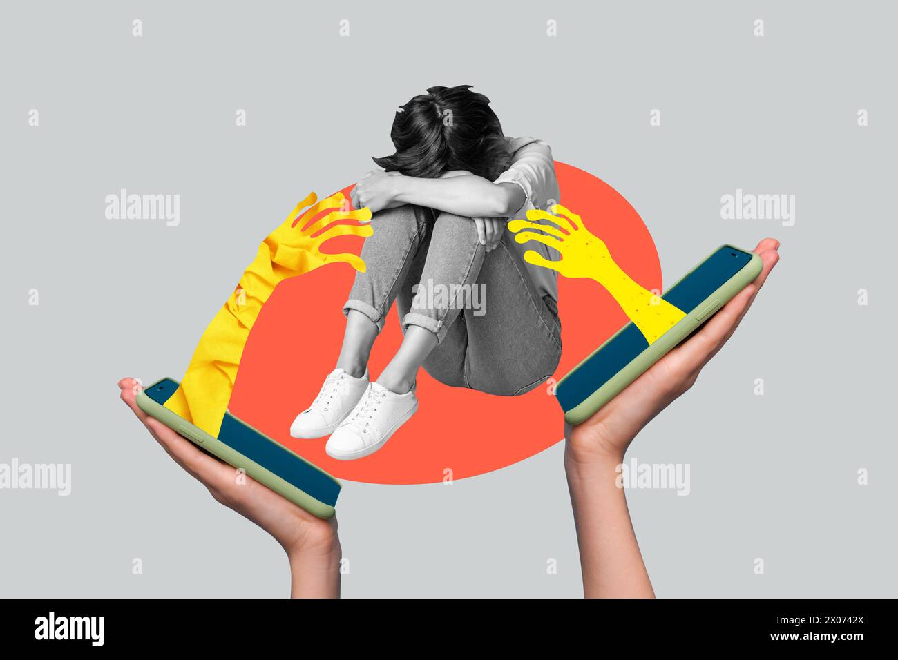 Image de collage créatif assis jeune femme déprimée fille smartphone harcèlement des médias sociaux offense moquerie victime dessin fond Banque D'Images