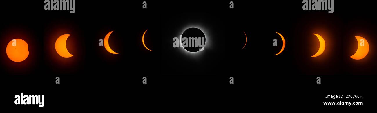 Un composite du Solar Eclipse 2024, phases du début à la fin. Centre du Texas, États-Unis. Banque D'Images