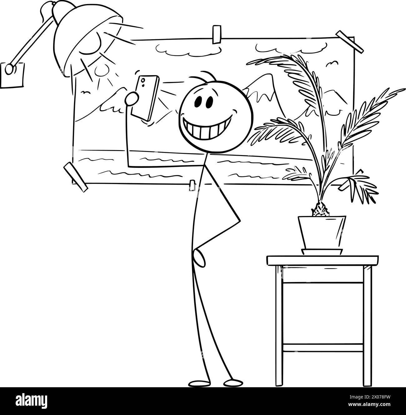 Personne prenant faux Selfie de vacances, illustration de la figure de bâton de dessin animé vectoriel Illustration de Vecteur