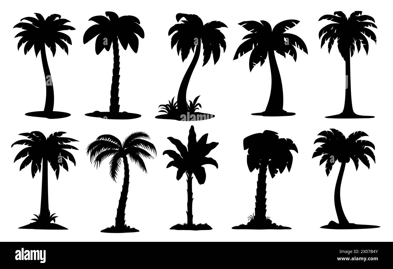 Silhouettes de noix de coco et de palmiers de banane de la jungle de dessin animé, icônes vectorielles. Plage tropicale ou paradis d'été île nature ou forêt de cocotiers ou de palmiers bananiers et de plantes exotiques avec des feuilles Illustration de Vecteur
