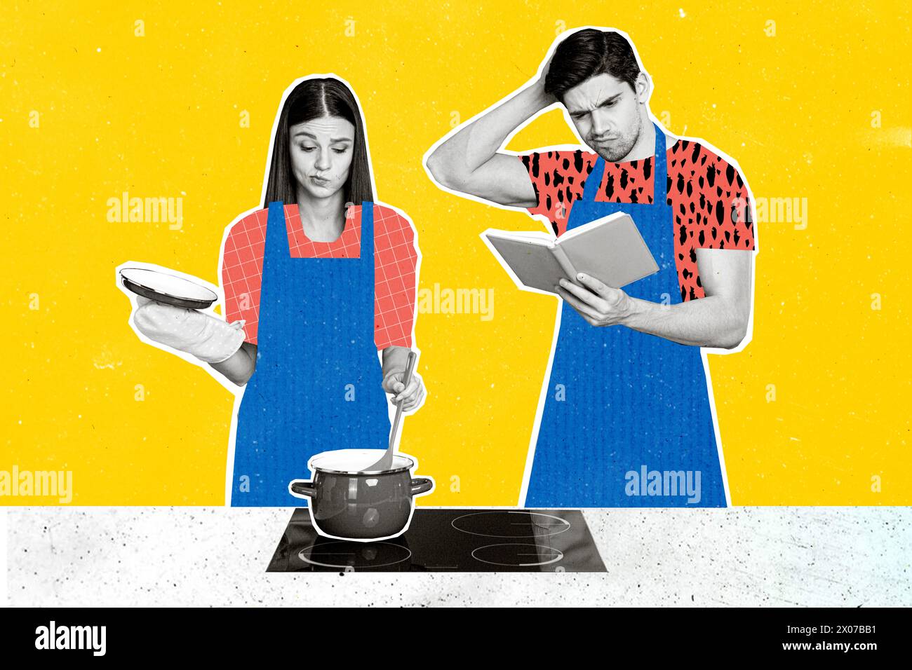 Collage image de liaison personnes émoussées famille cuisinant la soupe de repas première fois hmm lire dur problème de recette problème erreur plat insipide Banque D'Images