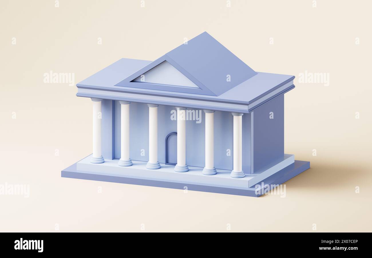 Bâtiment de banque ou de cour avec style de dessin animé, rendu 3D. Illustration 3D. Banque D'Images