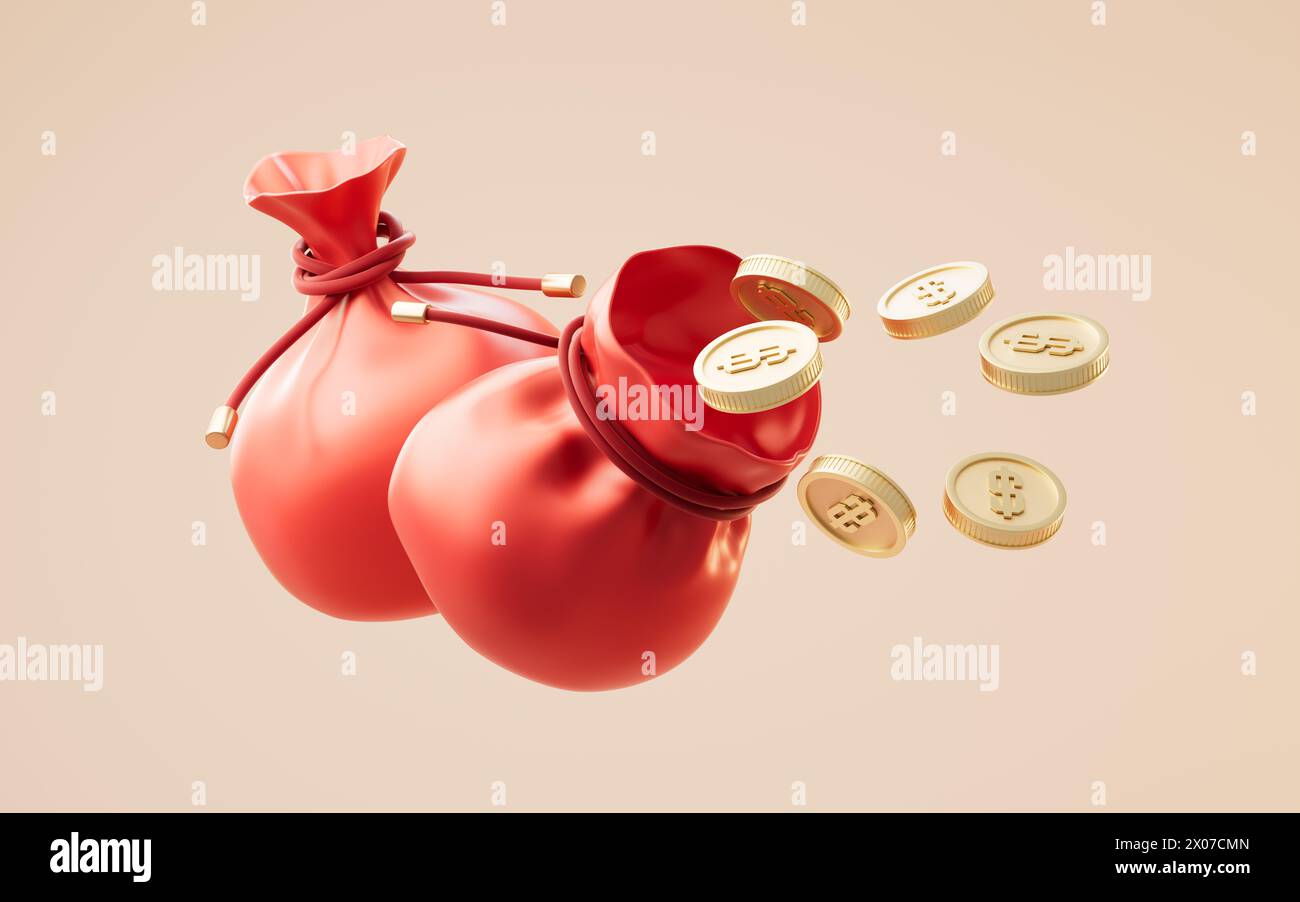 Sac festif rouge et pièces d'or, rendu 3D. Illustration 3D. Banque D'Images