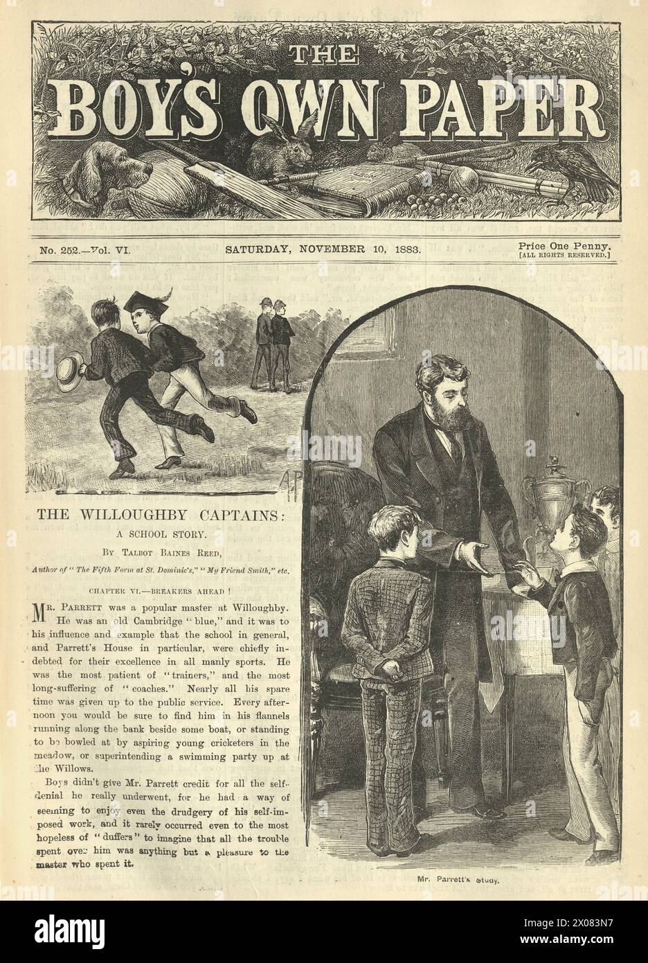 English public School Boys in the Teacher's Study, Vintage illustration, Victorian 19th Century, The Willoughby Captains, par Talbot Baines Reed, années 1880 Boy's Own Paper Banque D'Images