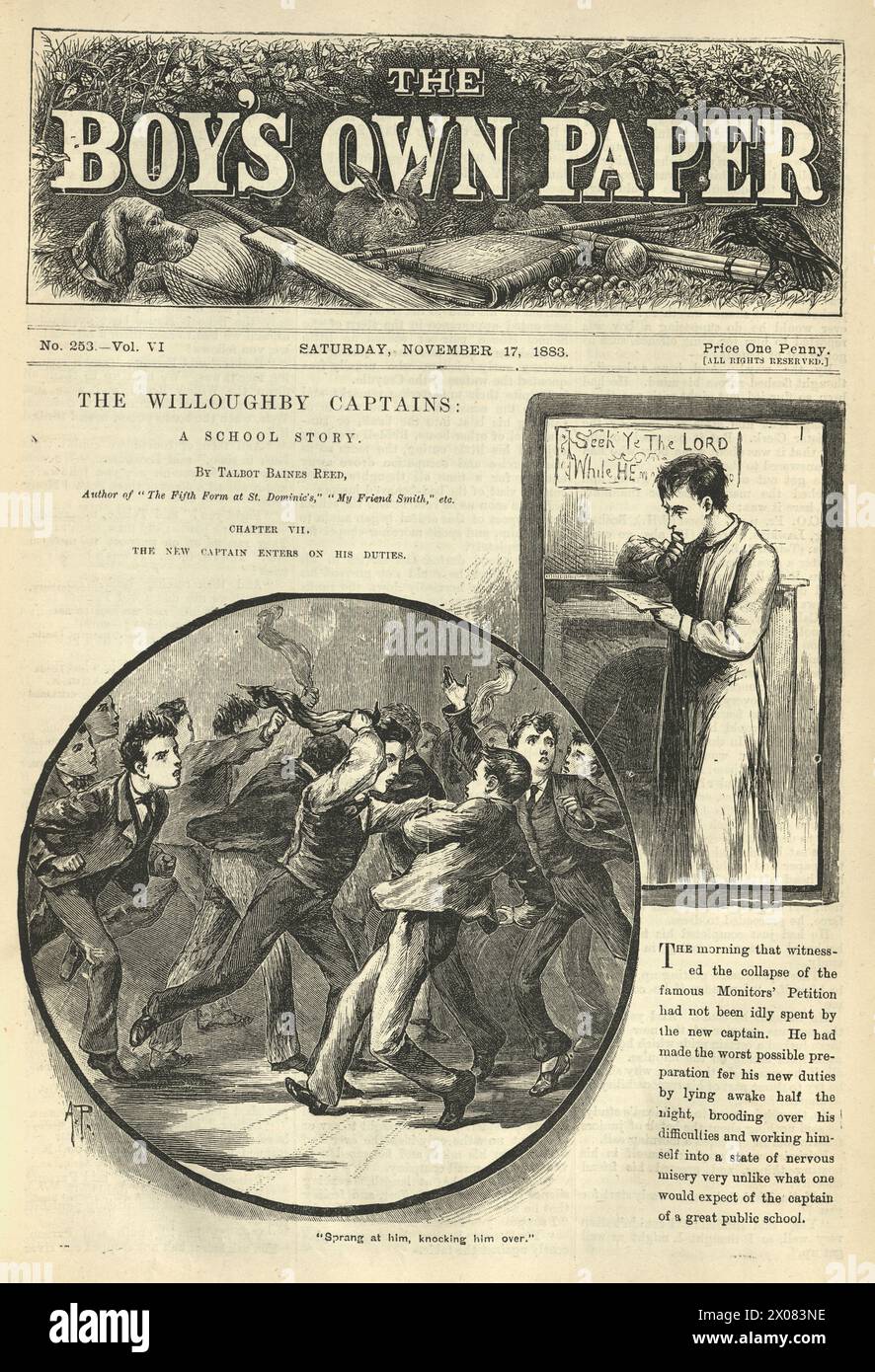 Combat entre les garçons de l'école publique anglaise, illustration vintage, victorienne du XIXe siècle, les capitaines de Willoughby, par Talbot Baines Reed, années 1880 Banque D'Images