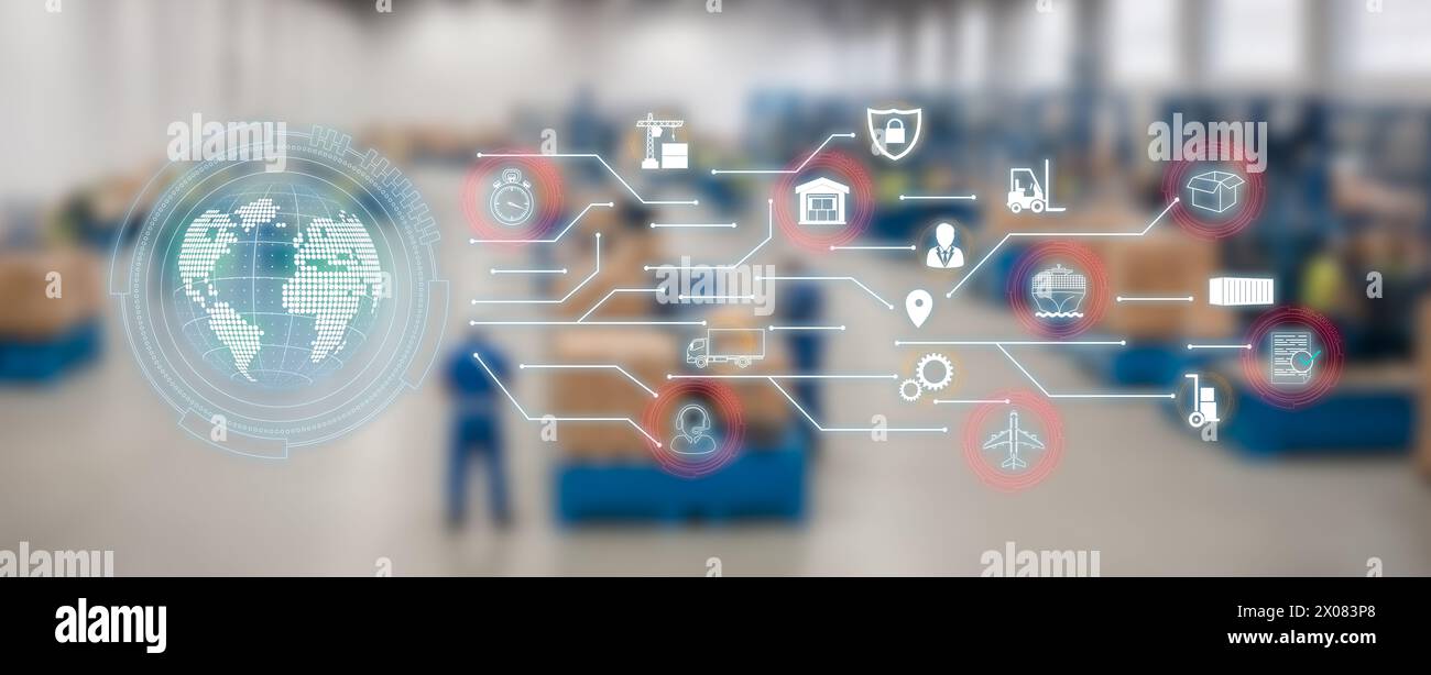 Concept de centre de distribution et réseau de communication international. arrière-plan flou, employés d'entrepôt Banque D'Images