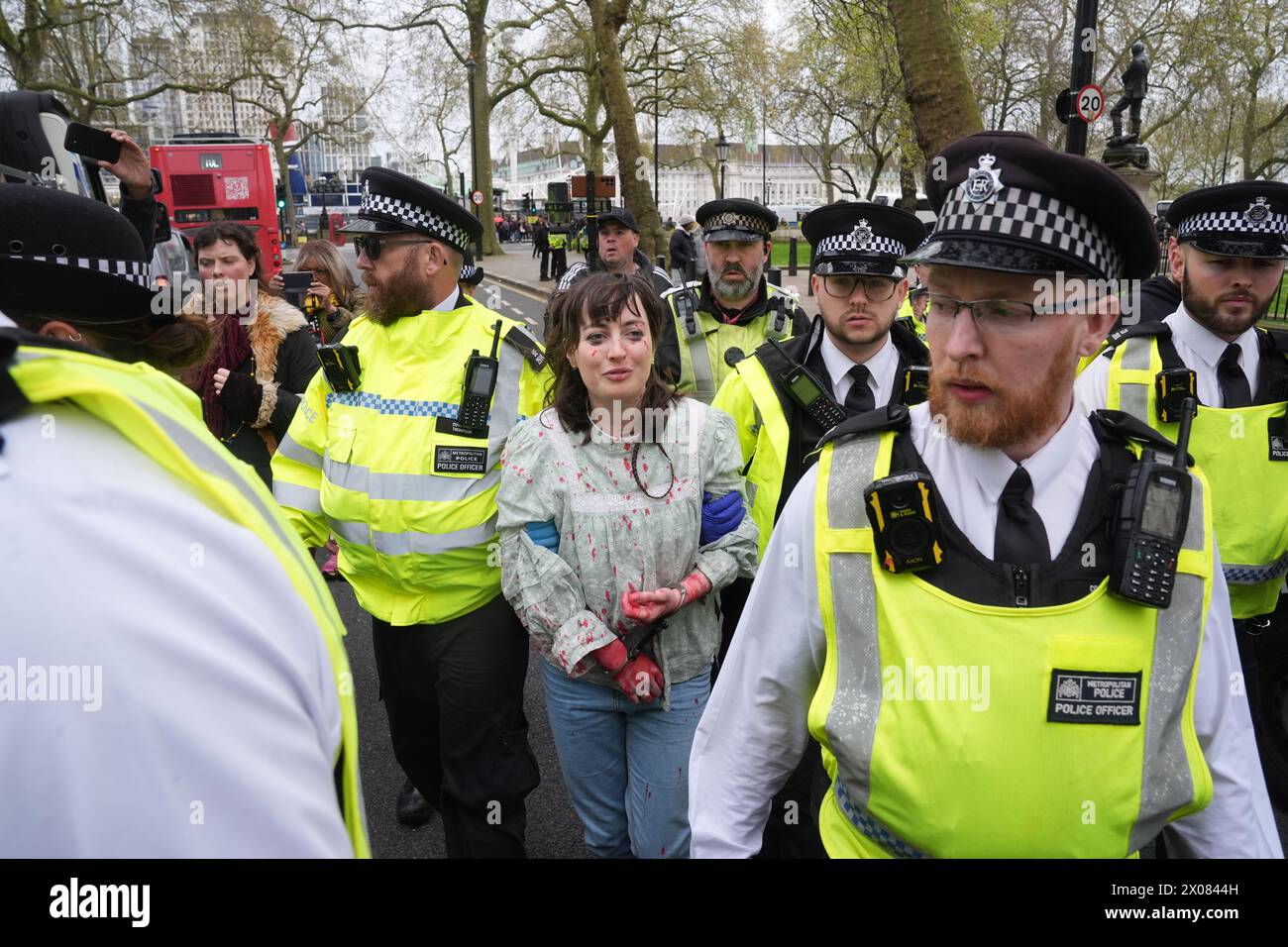 Des policiers arrêtent une personne après que des membres de Youth Demand ont jeté de la peinture rouge sur l'extérieur du bâtiment du ministère de la Défense à Londres. Date de la photo : mercredi 10 avril 2024. Banque D'Images