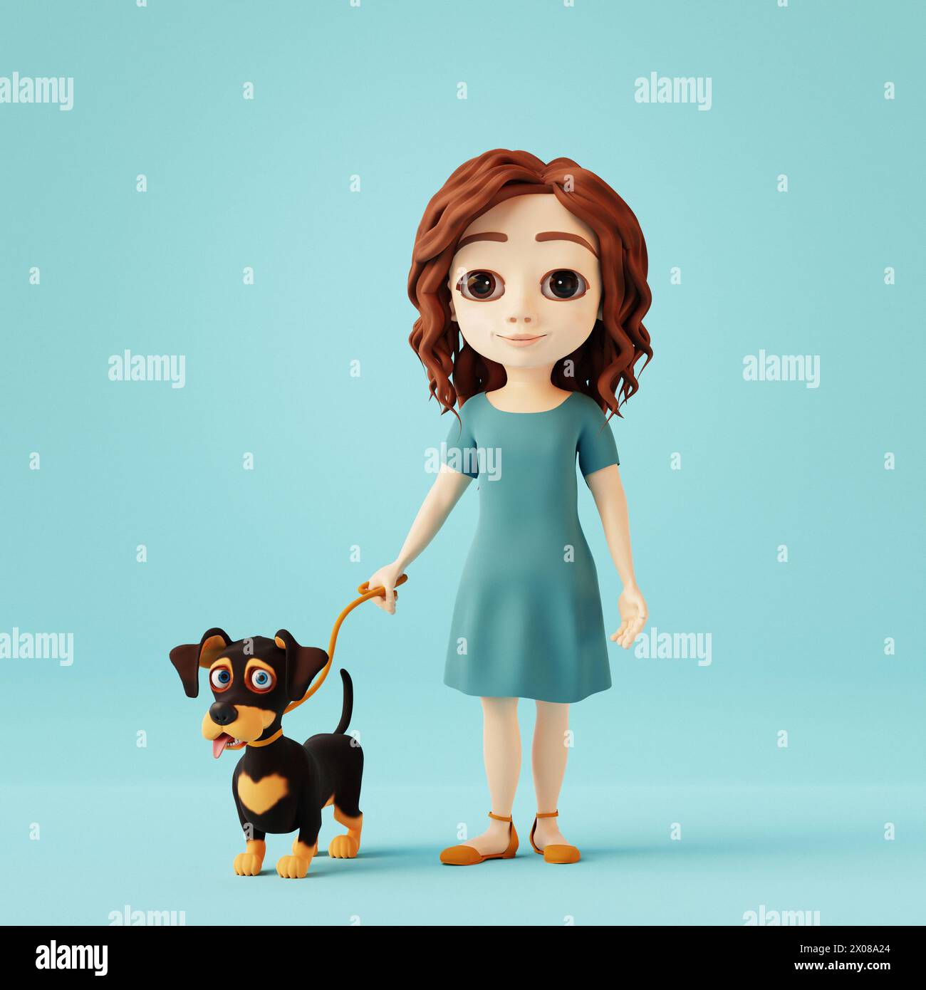 Fille marchant avec le chien de teckel mignon sur fond bleu. Personnage de dessin animé 3D. Banque D'Images