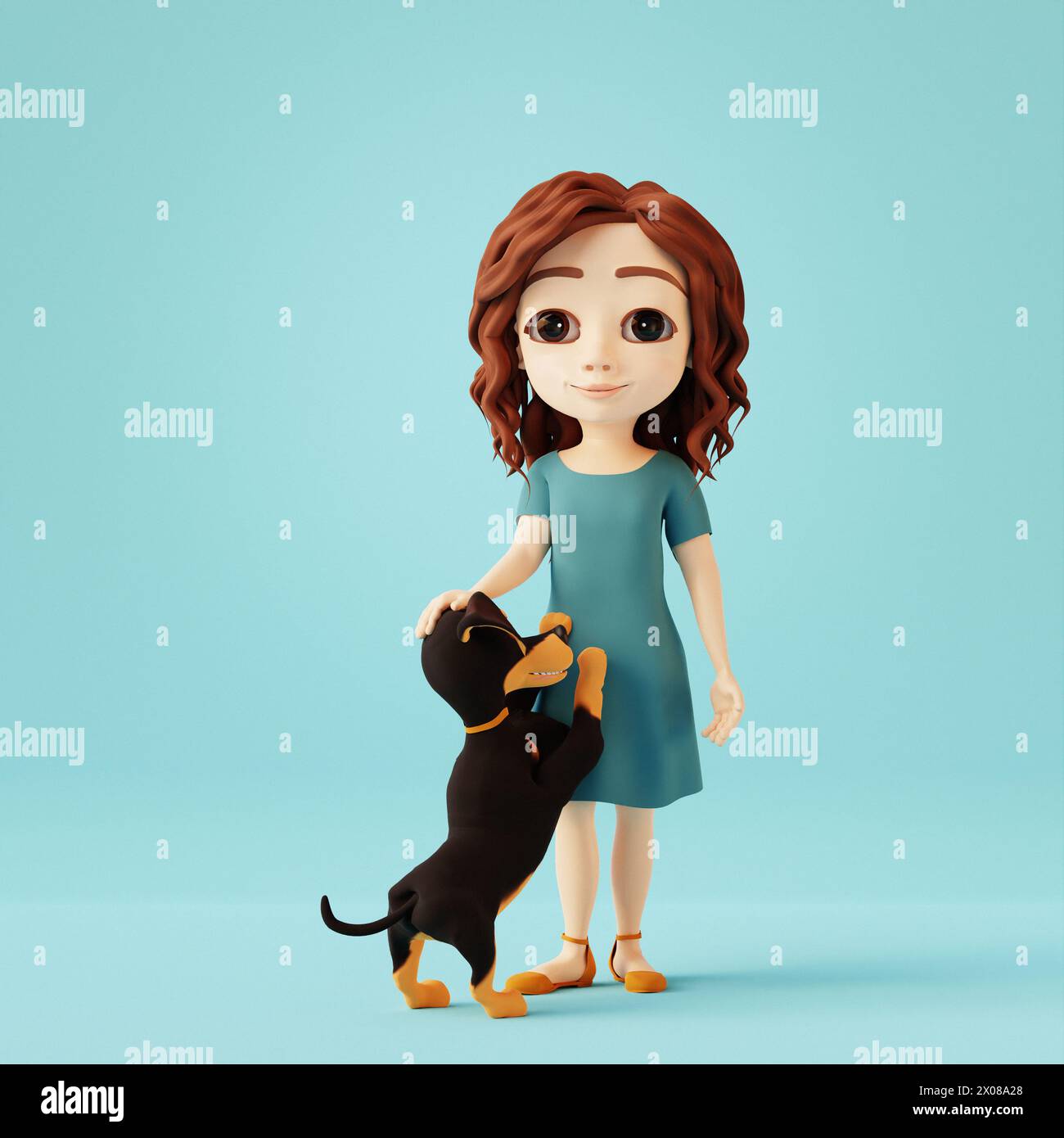 Fille jouant avec le chien de teckel mignon sur fond bleu. Personnage de dessin animé 3D. Banque D'Images