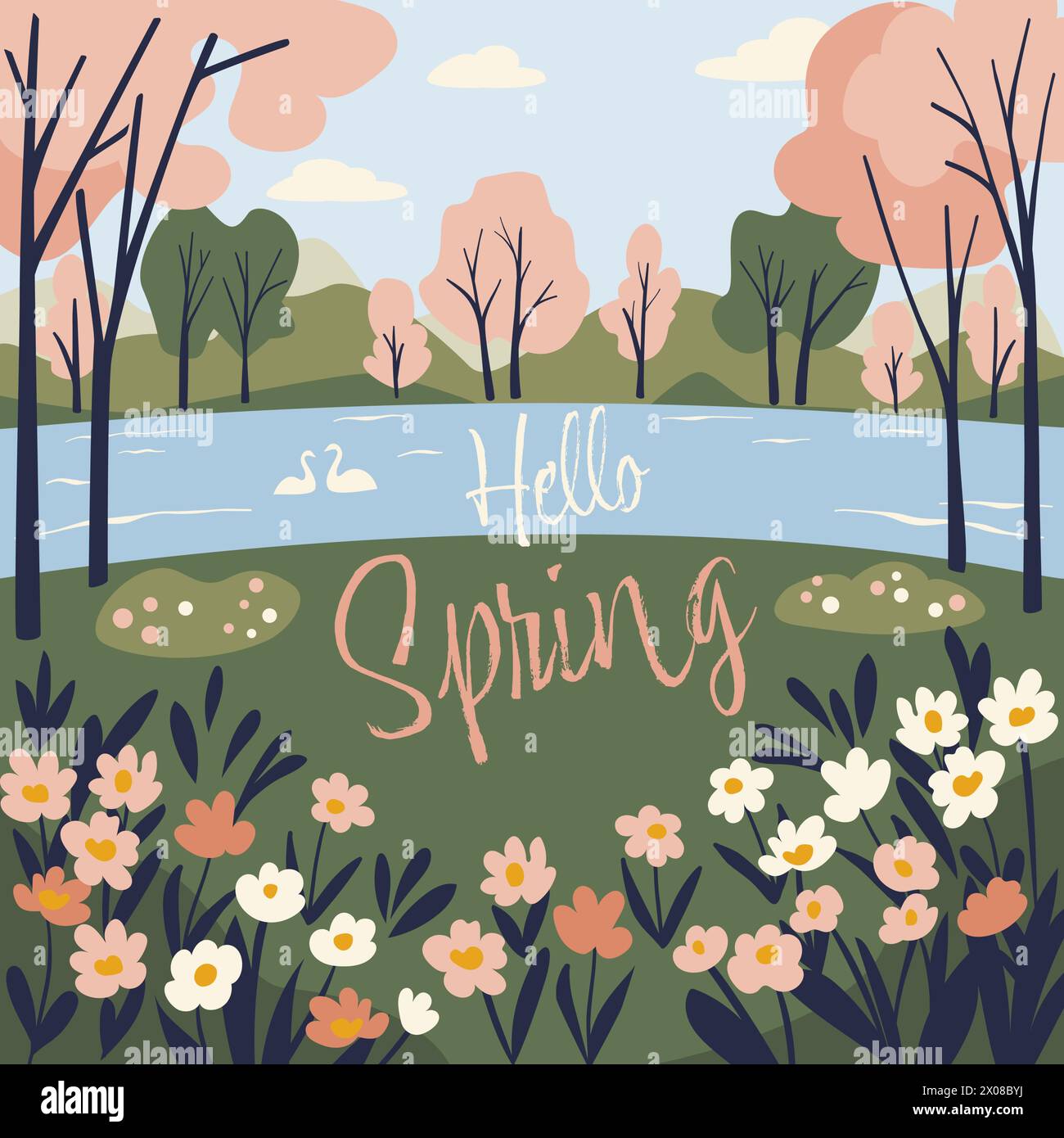 Concept poster Spring Park avec arbre en fleurs roses et lac. Illustration vectorielle plate de paysage Illustration de Vecteur