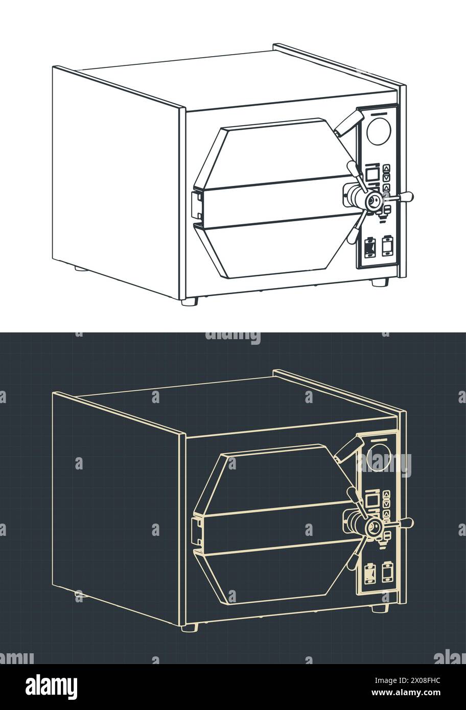 Illustrations vectorielles stylisées des plans isométriques de l'équipement de laboratoire de stérilisateur d'autoclave Illustration de Vecteur