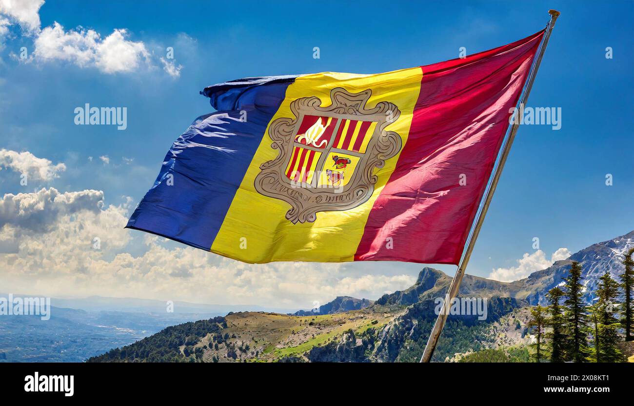 Die Fahne von Andorra flattert im Wind Banque D'Images