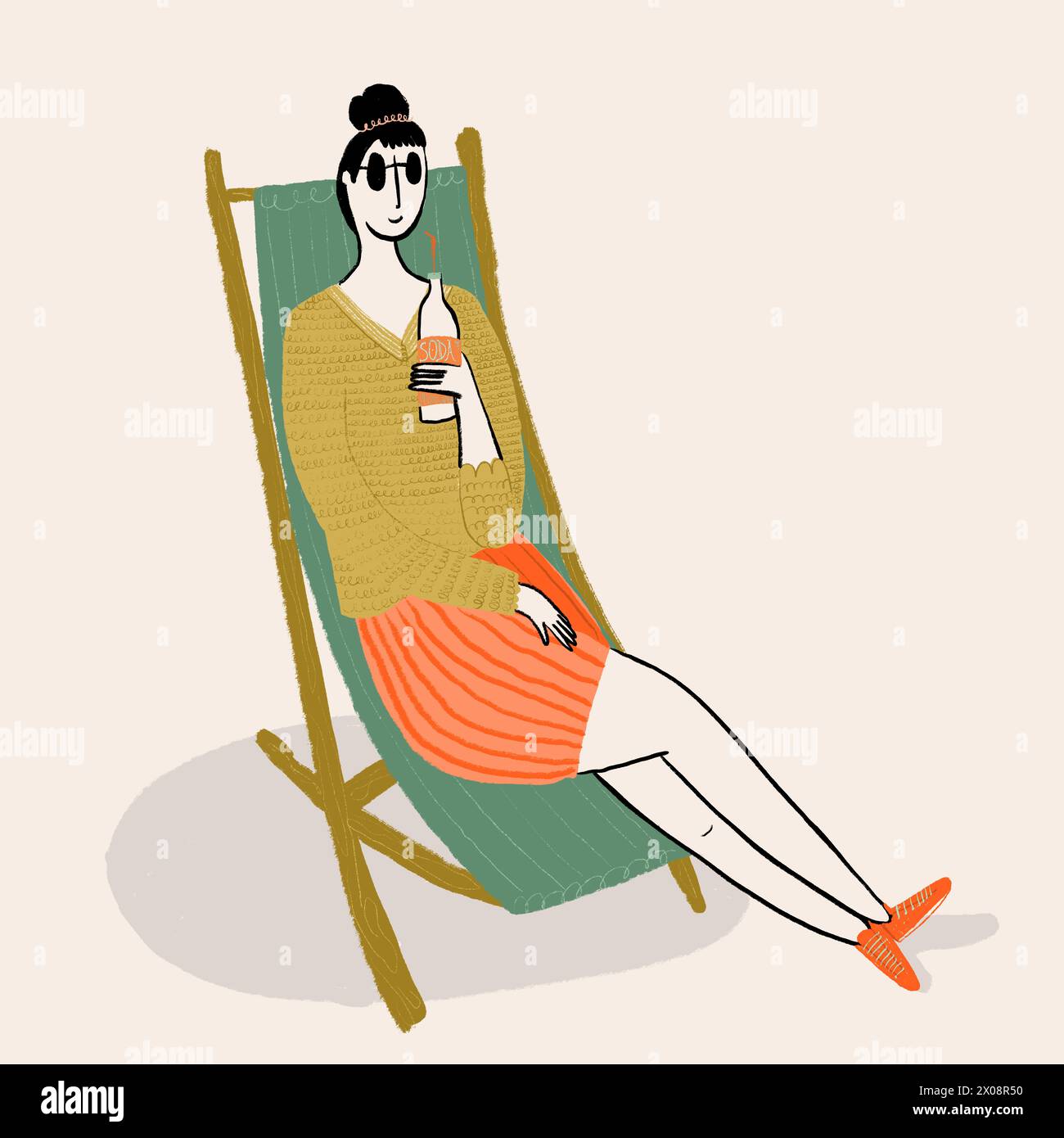 Une femme illustrée s'incline dans une chaise longue, sirotant un soda, vêtue d'un pull confortable et d'une jupe rayée. Banque D'Images