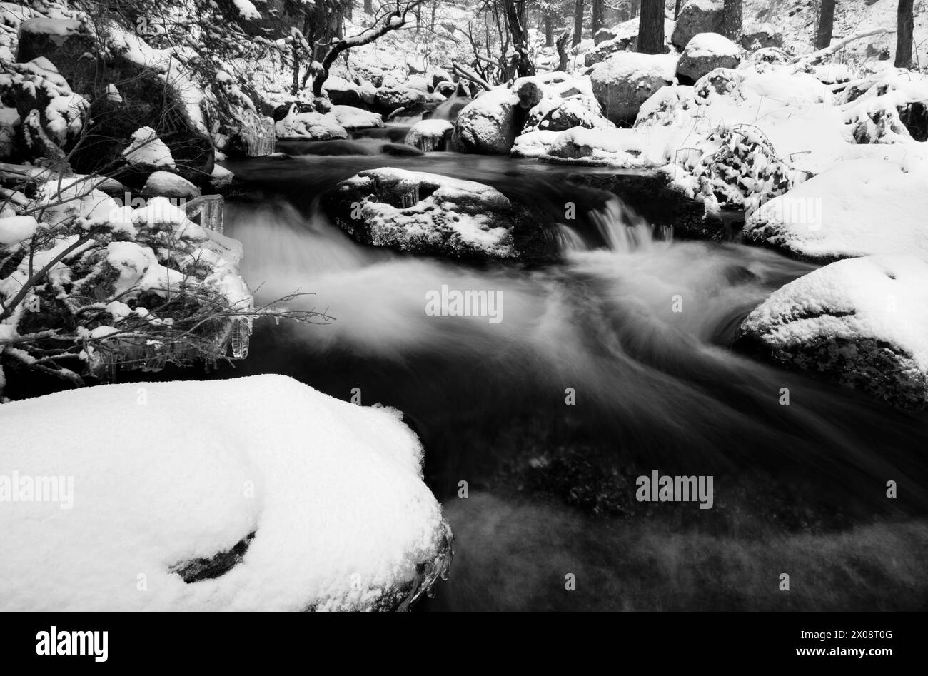 Une scène tranquille en noir et blanc d'une rivière coulant à travers un paysage montagneux enneigé, illustrant la beauté tranquille de l'hiver. Banque D'Images