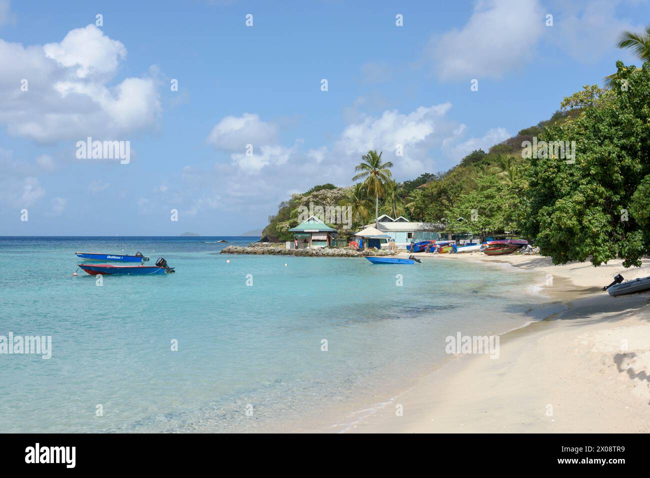 Bateaux de pêche amarrés à Britannia Bay, Lovell Village, Mustique Island, St Vincent et les Grenadines, Caraïbes Banque D'Images