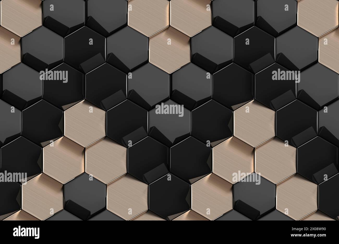 Un motif hexagonal 3D sans couture avec un design géométrique moderne dans les tons de noir et beige, idéal pour les papiers peints et les arrière-plans futuristes Banque D'Images