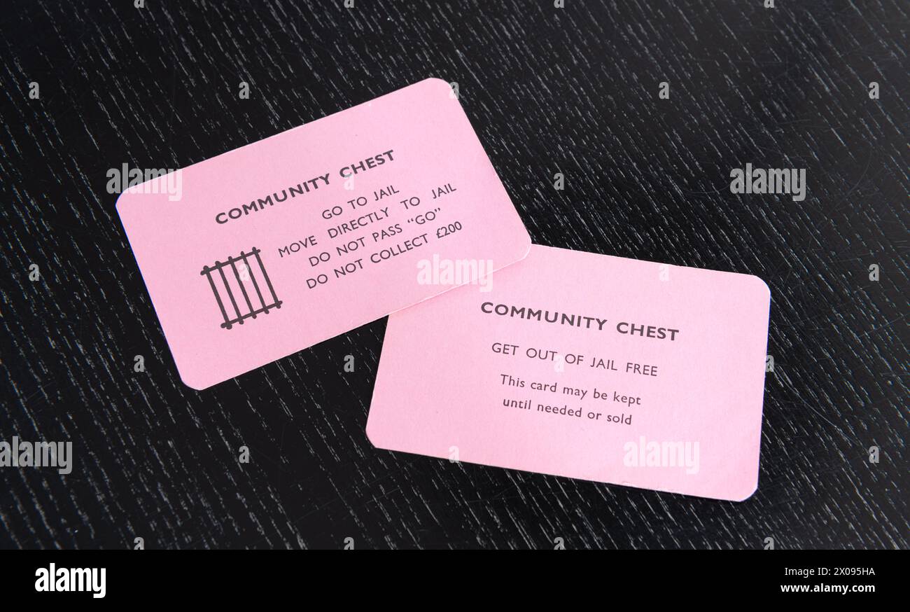 Monopoly Community Chest aller en prison et sortir de prison cartes gratuites, Royaume-Uni Banque D'Images