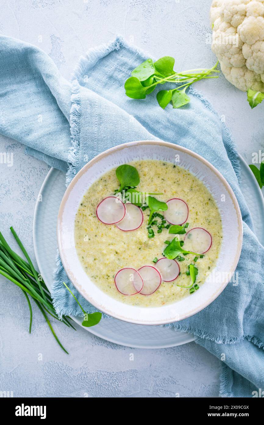 Soupe crémeuse de chou-fleur blanche avec radis et ciboulette, nourriture saine avec des herbes Banque D'Images Soupe crémeuse de chou-fleur blanche avec radis et ciboulette, nourriture saine avec des herbes Banque D'Images