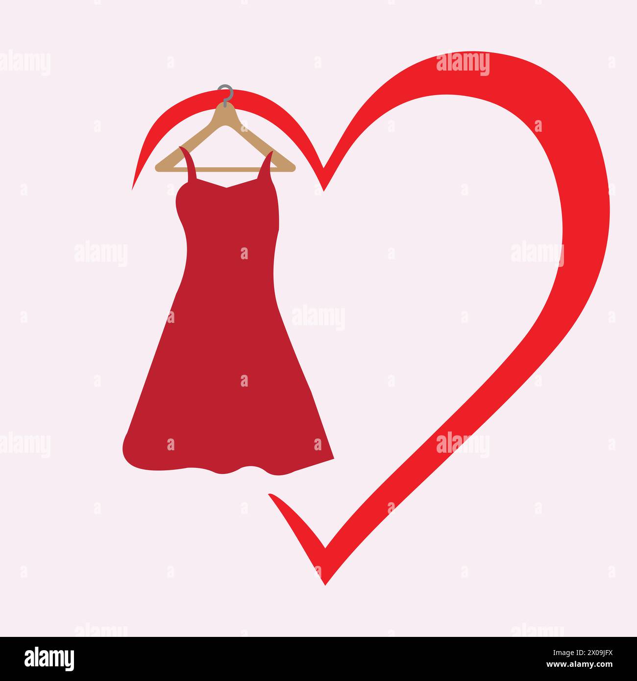 Robe rouge sur un cintre en bois suspendu sur une forme de coeur rouge Illustration de Vecteur