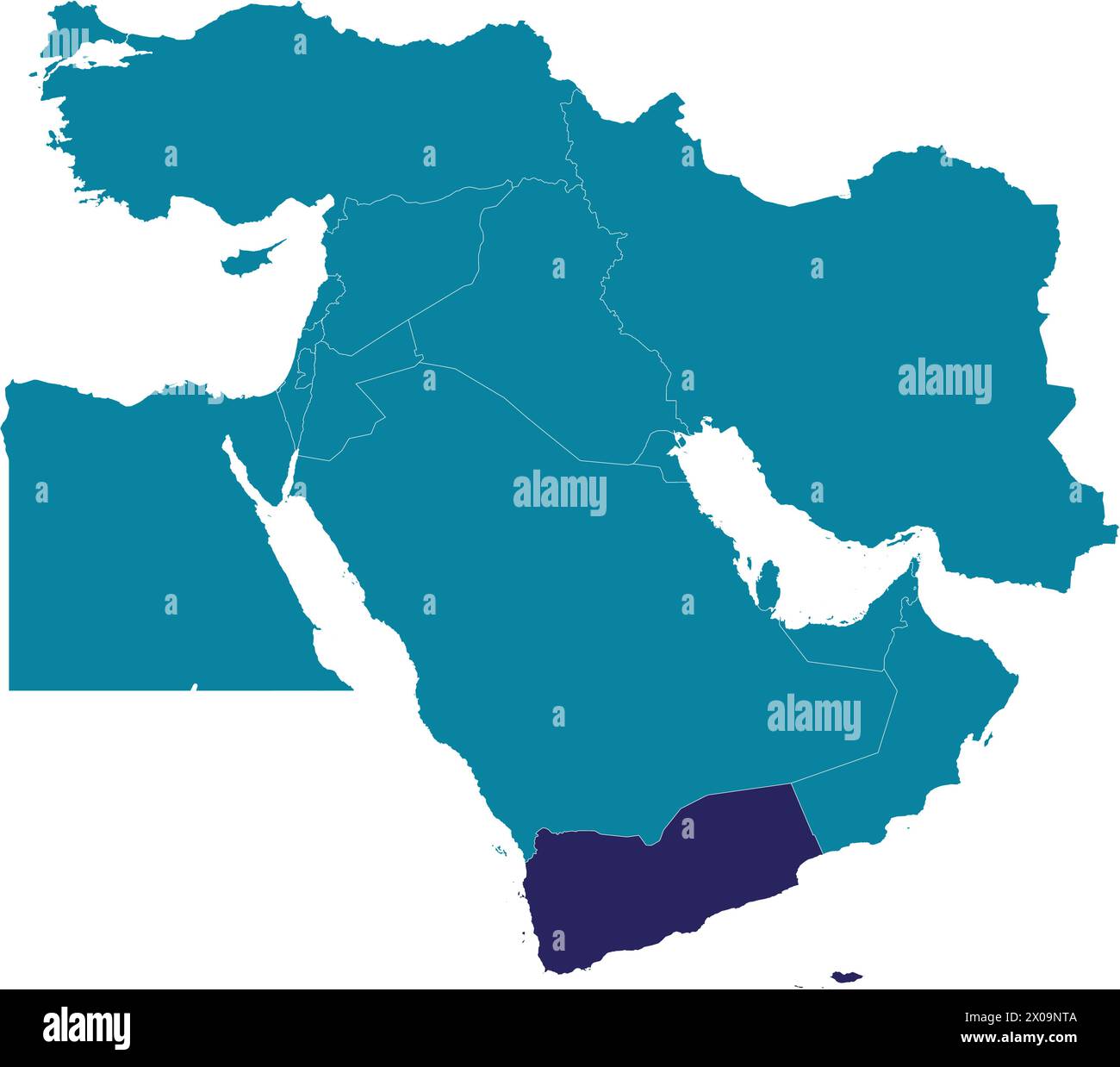 Carte violette du YÉMEN à l'intérieur de la carte bleue marine du moyen-Orient Illustration de Vecteur