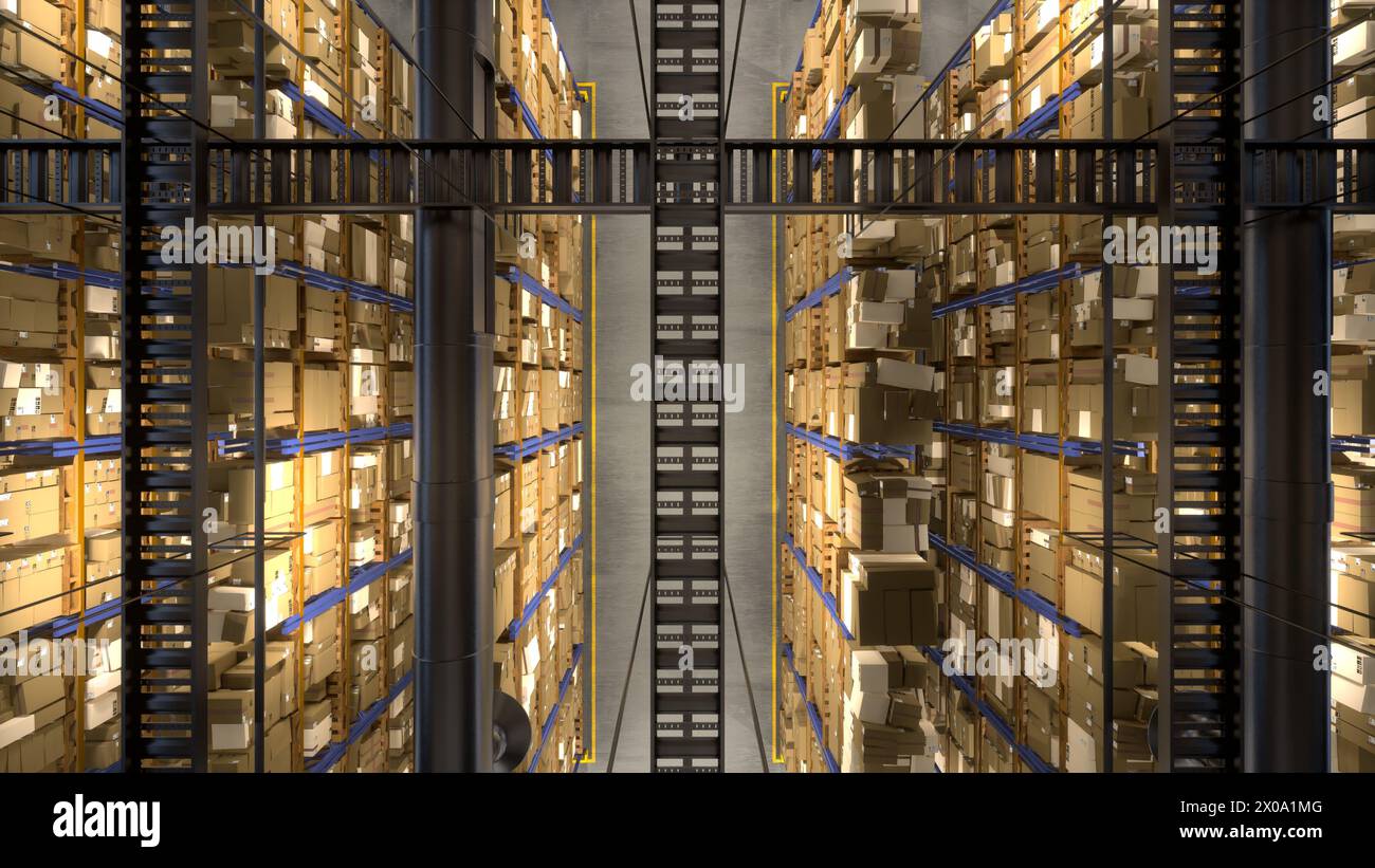 Le centre d'expédition propose des produits pour les procédures de livraison et en transit, étiquetés avec les détails de la facture. Processus de consignation géré par un système d'infrastructure d'espace de stockage. Animation de rendu 3D. Banque D'Images