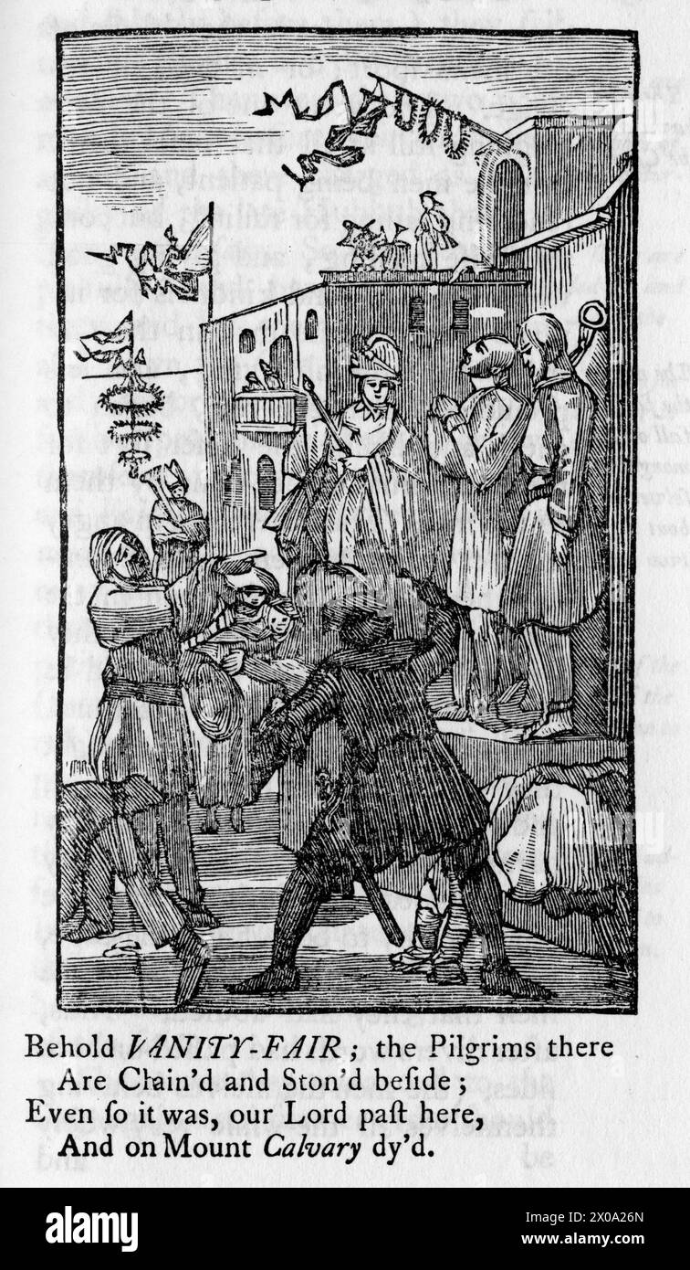 Gravure sur bois d'une scène du livre de John Bunyan The Pilgrim's Progress en 1678, montrant les pèlerins lapidés à Vanity Fair Banque D'Images