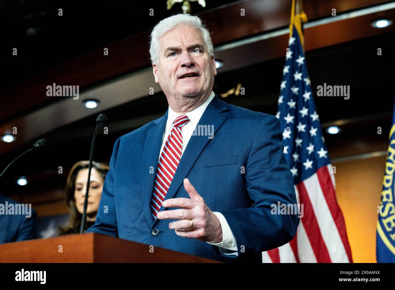 Washington, États-Unis. 10 avril 2024. Le représentant américain Tom Emmer (R-MN) s'exprimant lors d'une conférence de presse au Capitole des États-Unis. Crédit : SOPA images Limited/Alamy Live News Banque D'Images