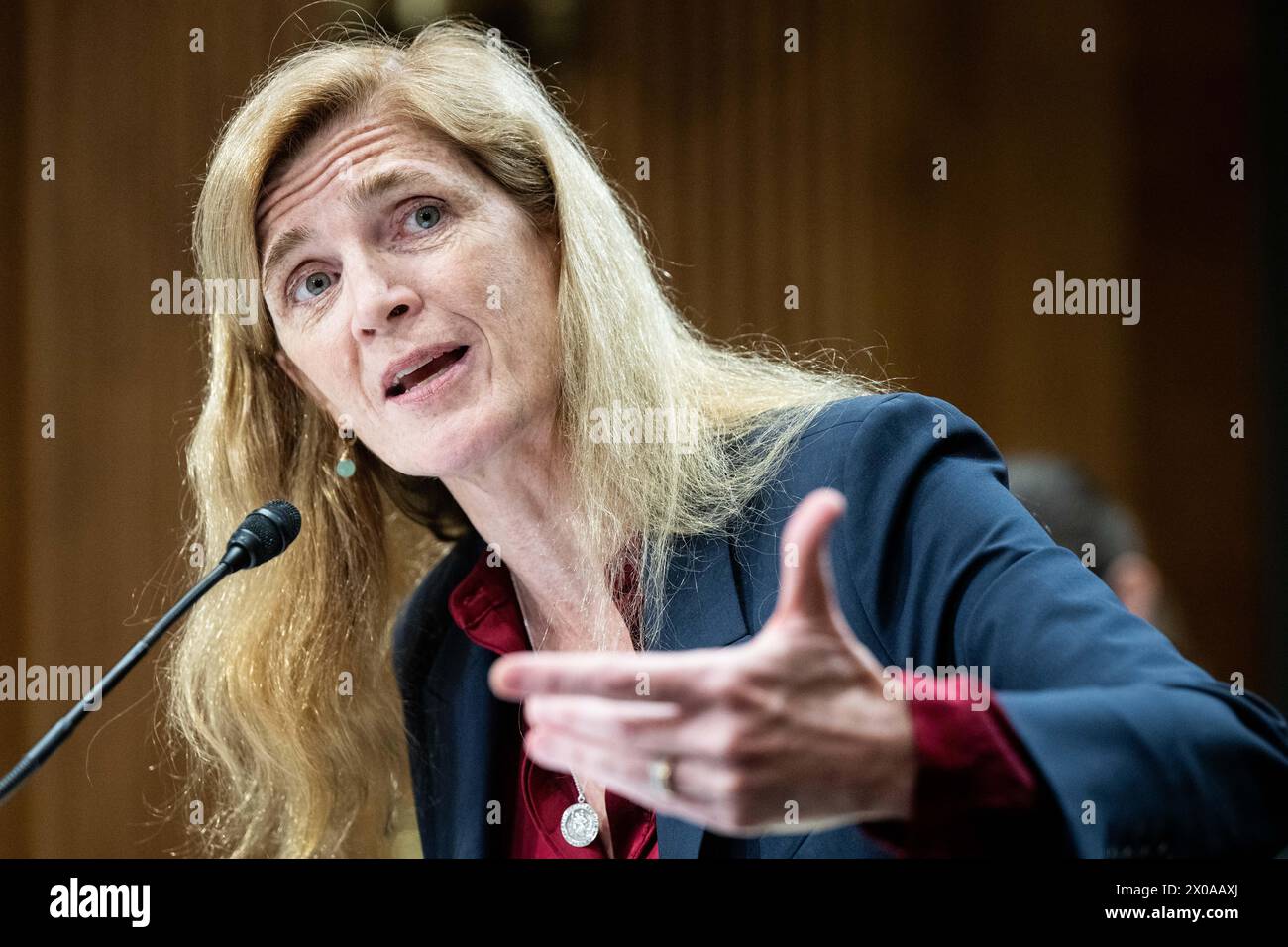 Washington, États-Unis. 10 avril 2024. Samantha Power, administratrice de l'Agence américaine pour le développement international (USAID), s'exprimant lors d'une audience devant le comité sénatorial des affaires étrangères au Capitole des États-Unis. Crédit : SOPA images Limited/Alamy Live News Banque D'Images