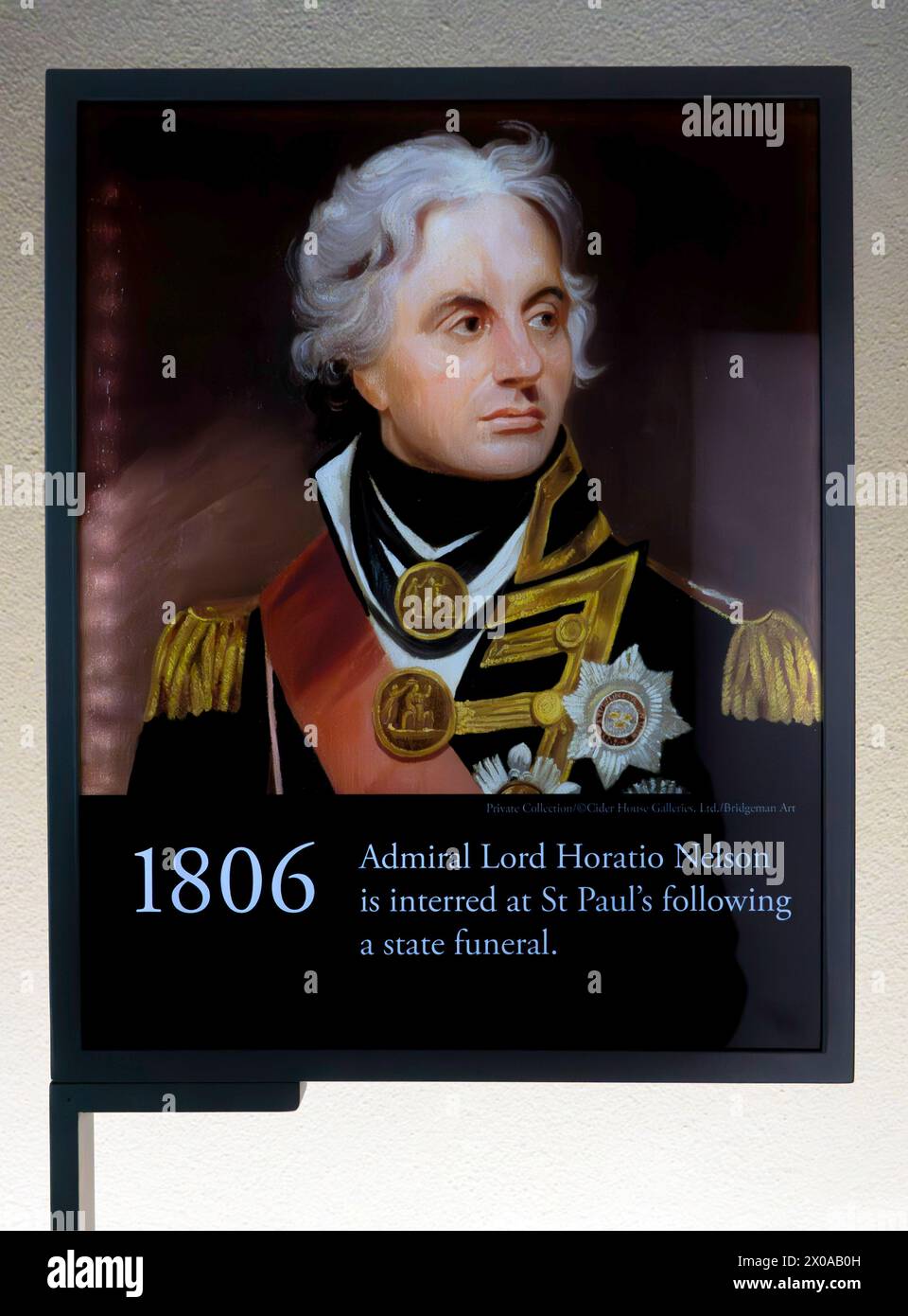 Portrait de l'amiral Lord Nelson sur illustration chronologique dans la cathédrale Saint-Paul, Londres, Angleterre, Royaume-Uni Banque D'Images