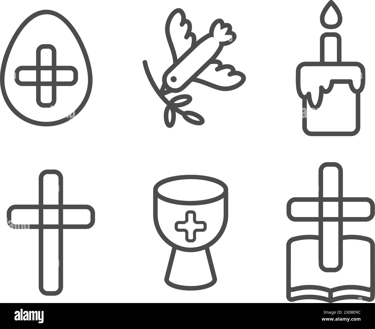 Icônes vectorielles de Pâques. Symboles religieux chrétiens de contour de l'oiseau de gâteau biblique croisé et tasse isolé sur fond blanc. Pictogrammes pour holly Spring Illustration de Vecteur